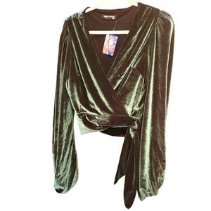 Laura Byrnes Bishop Sleeve Velvet Wrap Top in Green, XL, NWT